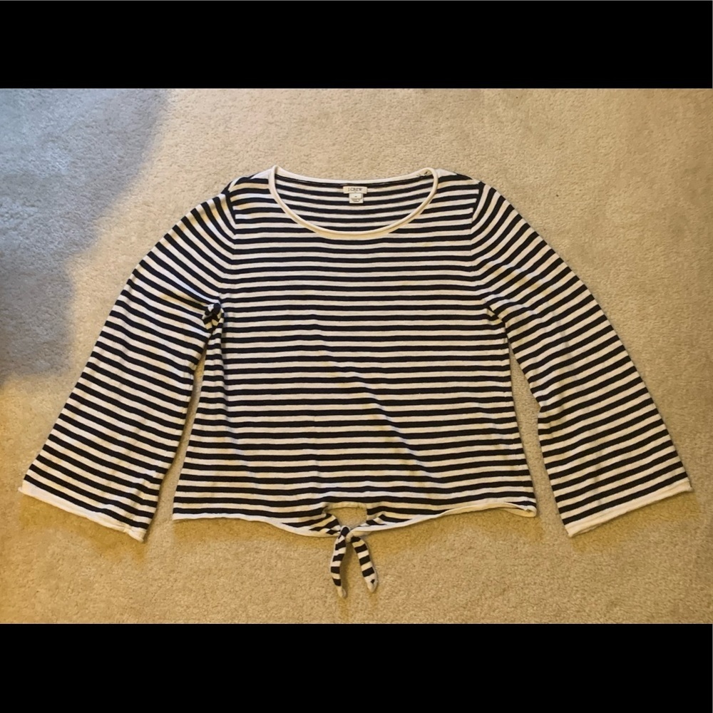 J. Crew top women’s medium navy white stripe front tie long sleeves crew…